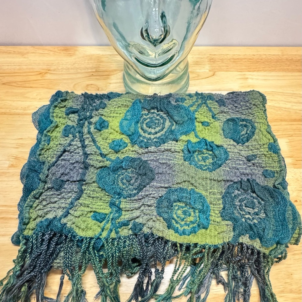 Unique Floral Scarf in Blues & Greens, Textured Flowers with Fringe - Picture 11 of 12
